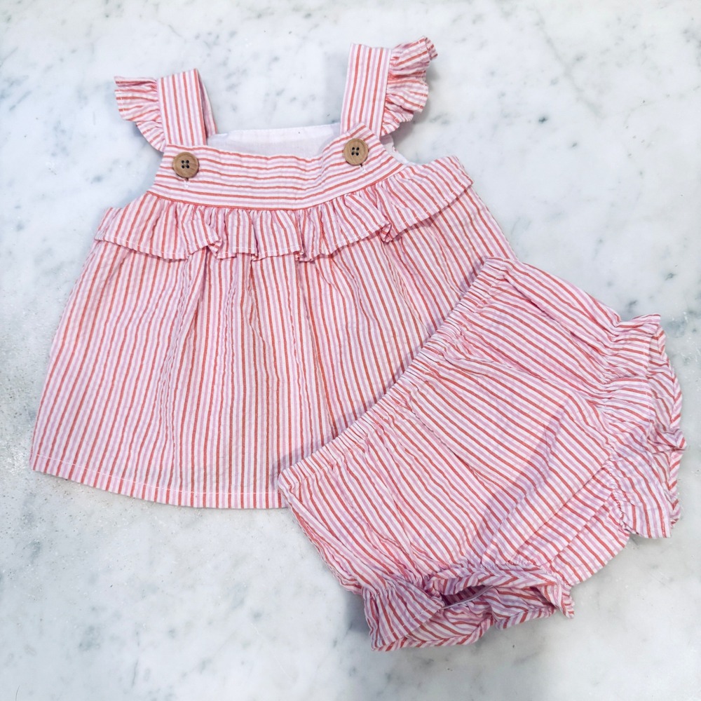 Starting Out Striped‎ Ruffle Top and Bloomer Set - Pink White - 0/3M